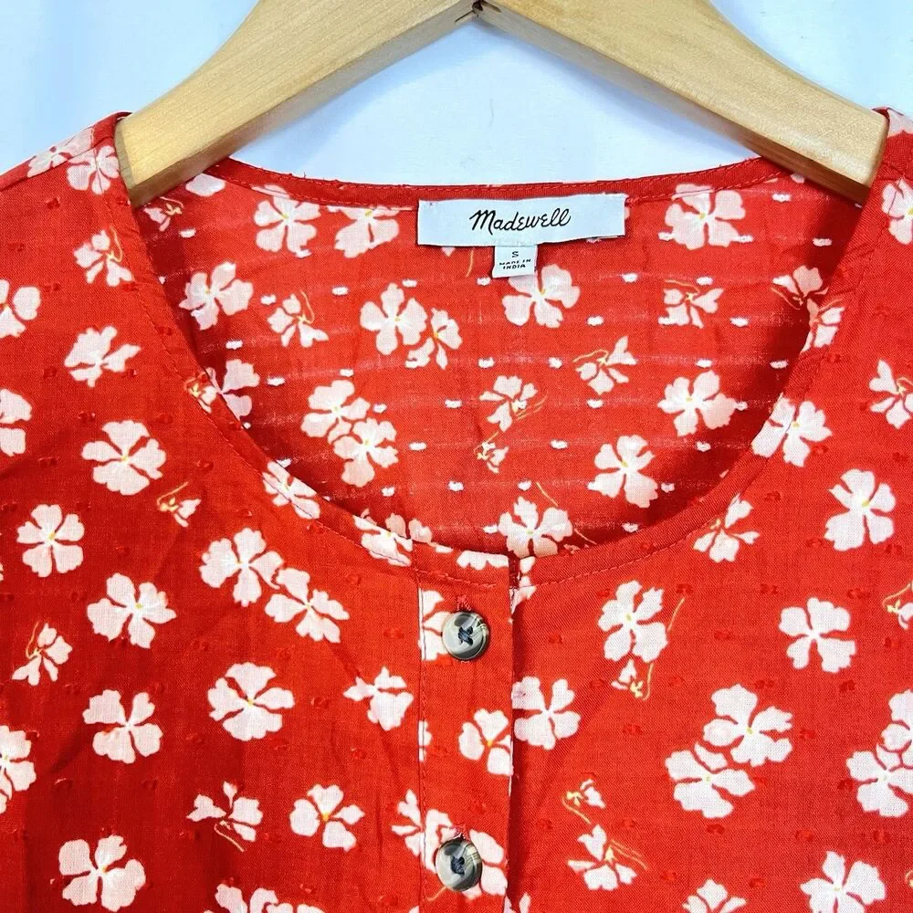 Madewell Puff-Sleeve Button-Front Top Womens Small Swiss Dot Happy Hibiscus